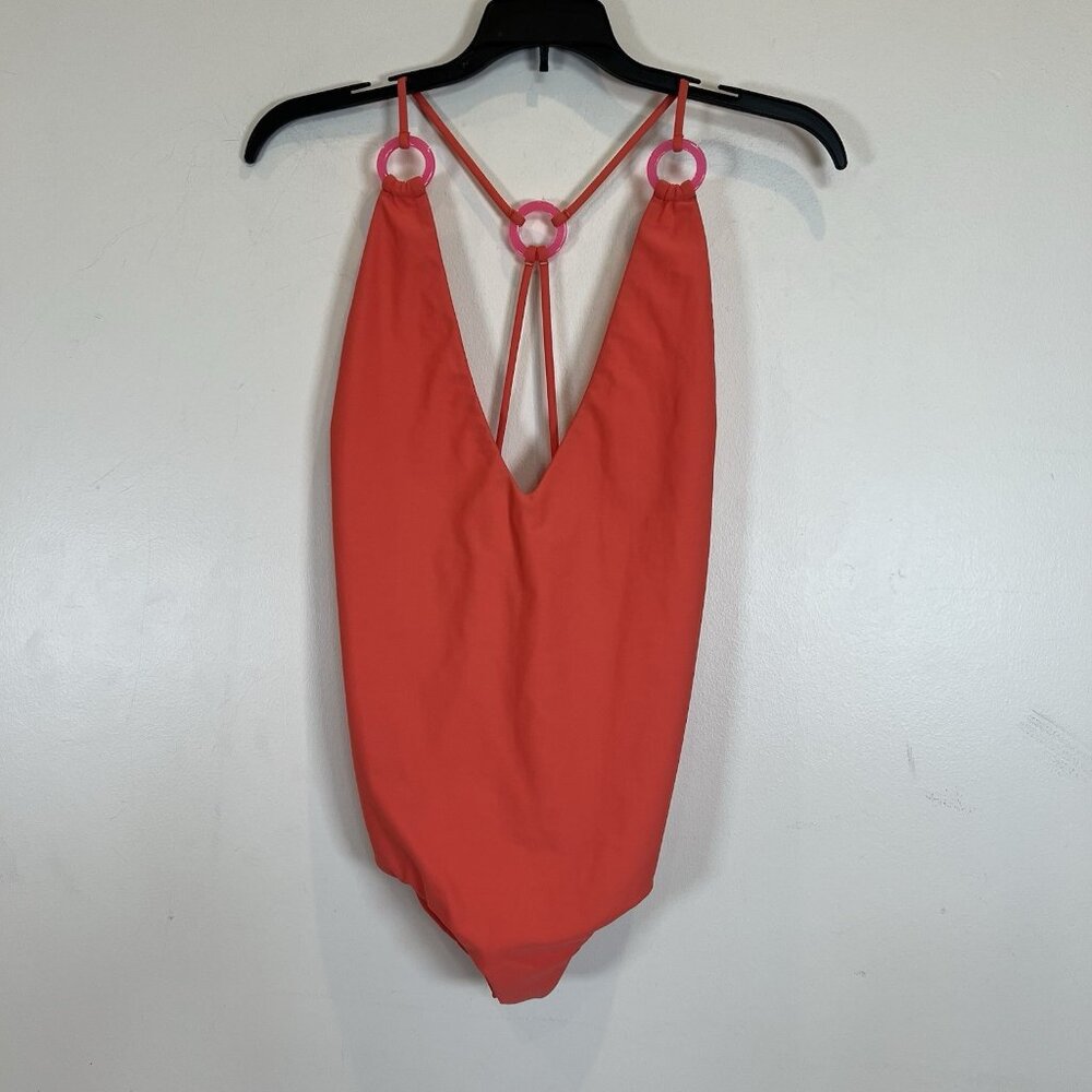 Mikoh NWOT Swimwear One Piece Maillot Orange Body Pink Rings Deep V L
